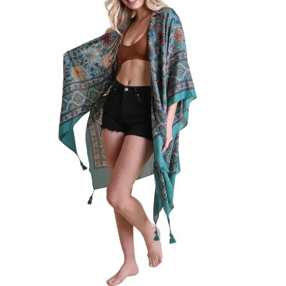 Raj Linen Moroccan Kimono Lightweight Traditional Design Sleeves Kaftan Green - Picture 2 of 3